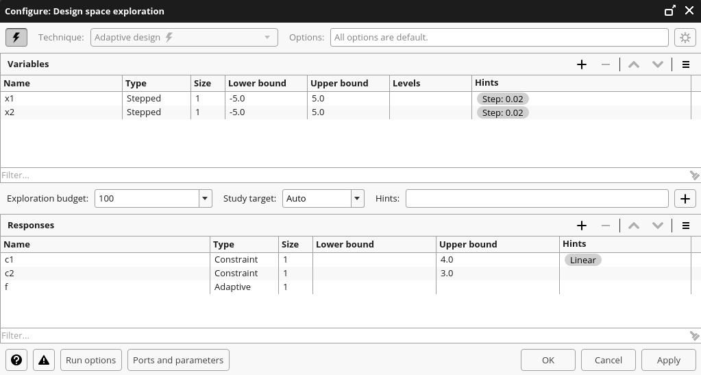 Design space exploration settings